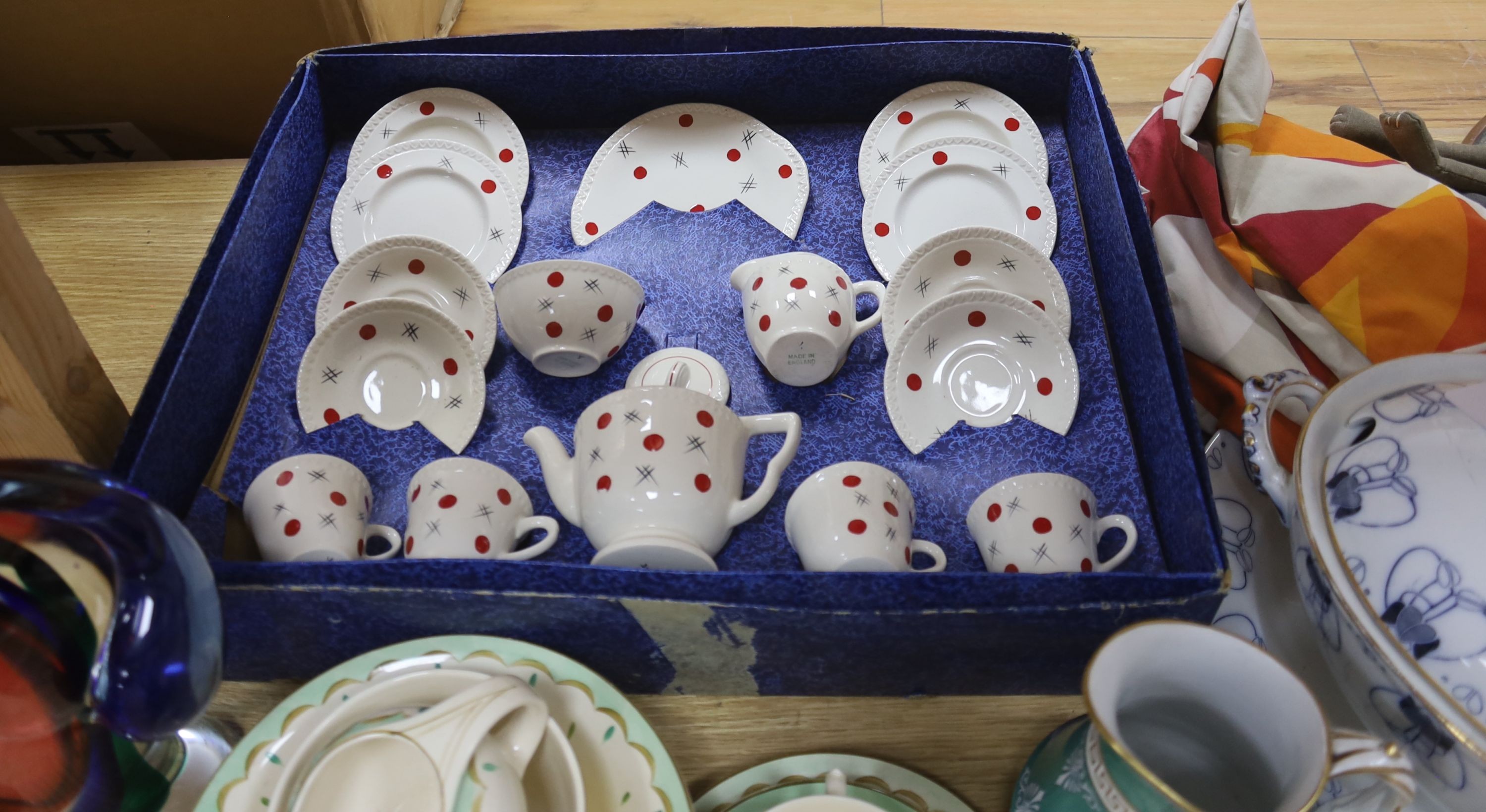 A childs 1960's tea set, blue and white tureen stand, Religious carving, 1960's/70's fabric and Venetian vase etc